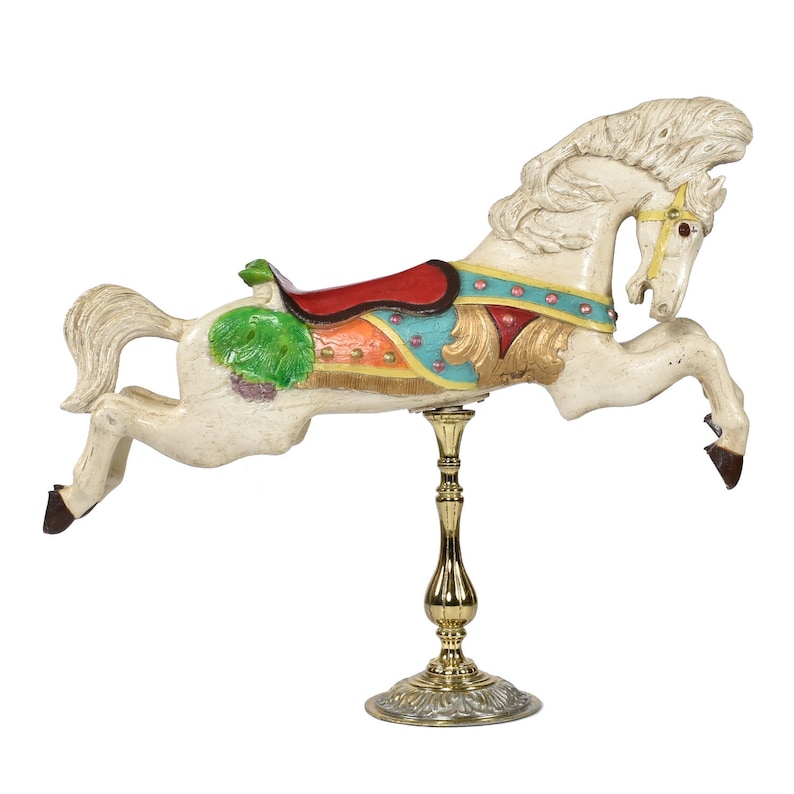 Vintage Mid-Century C.W. Parker White Jumper Carousel Horse on Brass Pedestal image 1