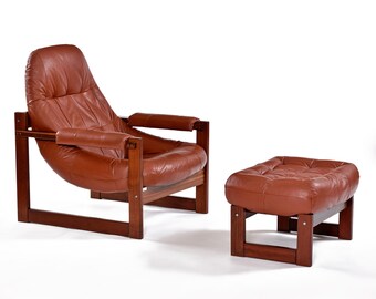 Percival Lafer Earth Leather and Rosewood Brazilian Modern Scoop Chair with Ottoman