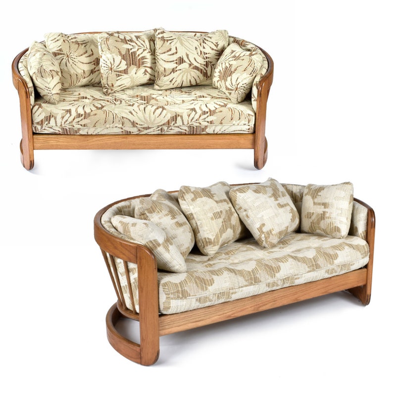 Pair of Solid Oak Wood Curved Spindle Back Loveseat Settee Benches by Howard image 2