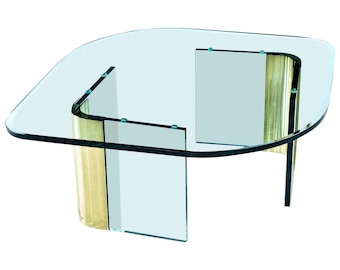 Pace Collection Post Modern Glass and Gold Colored Brass Oval Navette Coffee Table