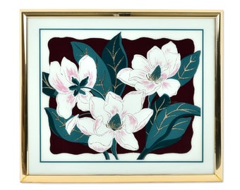 vintage 1980s Post Modern White Magnolia Floral Wall Art avec Gold Glitter