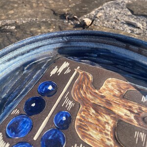 Signed Mid-Century Modern Danish Blue Stoneware Bowl Dish with Bird image 4