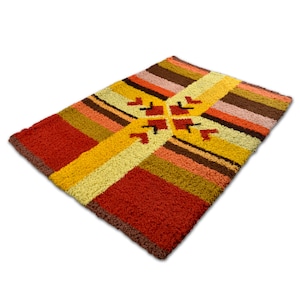 Red Yellow Orange and Brown Vintage Rya Rug Wall Hanging or 57 Area Rug image 1