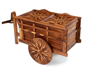 Handcrafted Folk Art Costa Rican Oxcart Wagon Bar Cart with Intricate Wood Inlay Marquetry