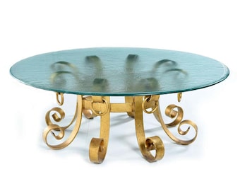 Gold Scroll Hollywood Regency Coastal Round Rippled Glass Coffee Table