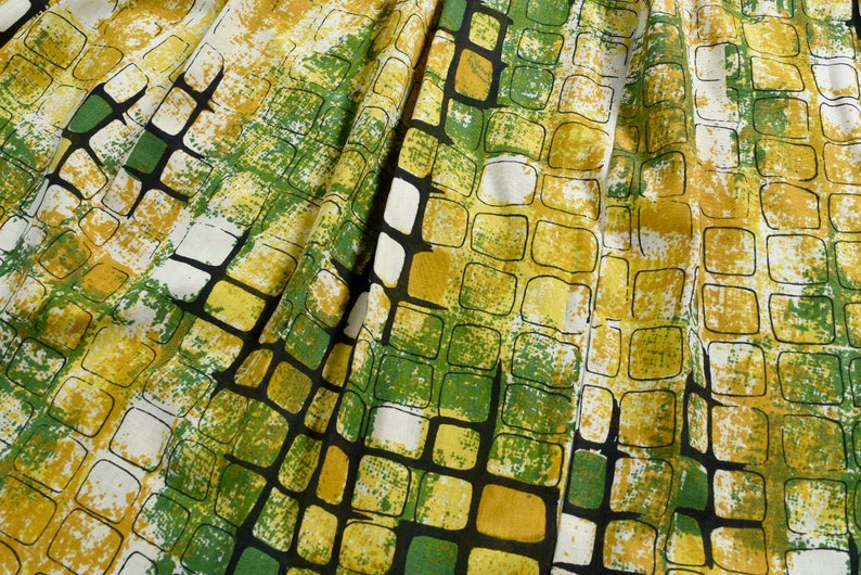 Pair of Mid-Century Modern Green Yellow and Black Pleated Curtain Drapes