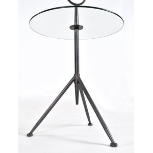 Pair of Modern Italian Gueridon Round Glass and Metal Drink Table Tripod Side Tables image 4