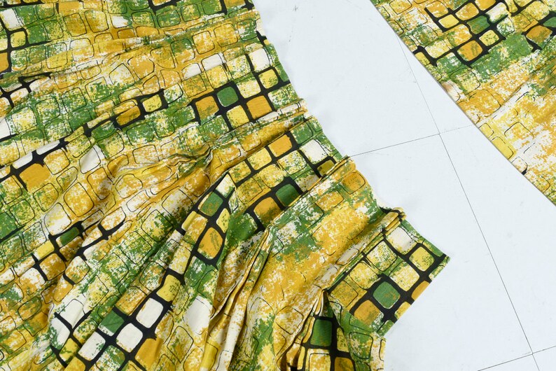 Pair of Mid-Century Modern Green Yellow and Black Pleated Curtain Drapes