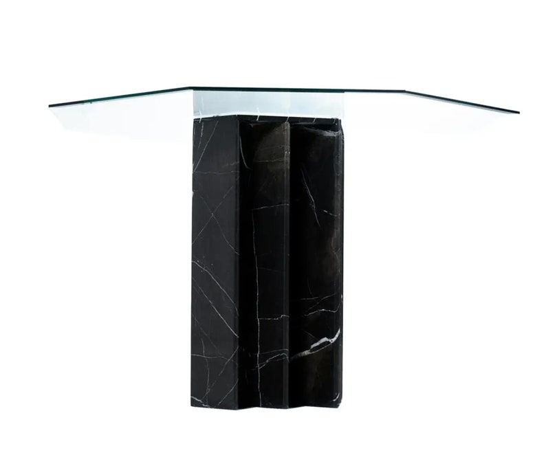 Vintage 1980s Post Modern Neo Deco Italian Black Marble Pedestal Dining Table with Glass Top image 3