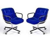 Pair Charles Pollock for Knoll Blue Velvet Executive Chairs Adjustable Height