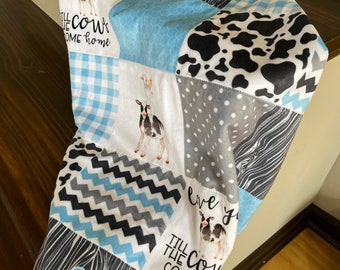 Love you till the cows come home light blue minky blanket