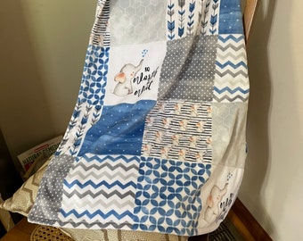 Blue and gray baby elephants minky soft blanket