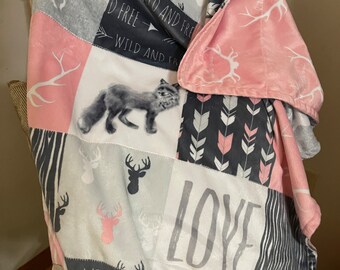 Foxy pink and gray forest creatures minky  baby blanket
