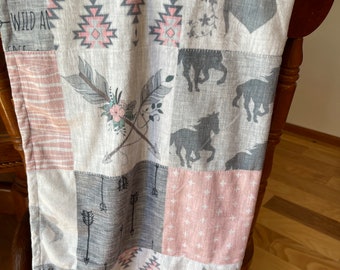 Pink and gray horses on a minky soft baby blanket