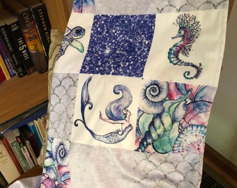 Mermaids and sea horses of purple, teal and gray minky baby blanket