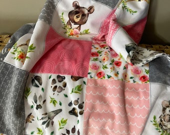 Pink minky woodland creature baby blanket