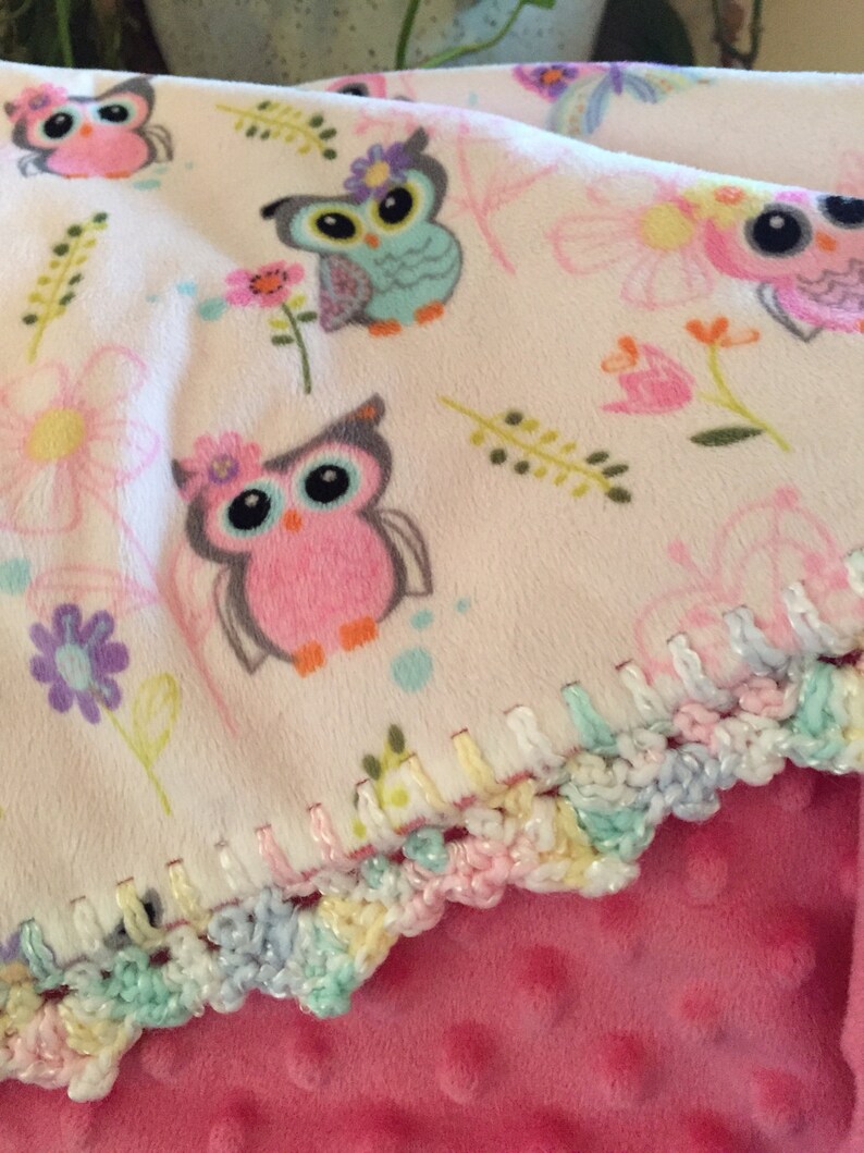 Sweet little owl minky blanket with hand crocheted edging Etsy