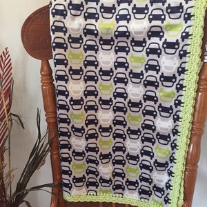 Cars of blue and lime minky fabric baby blankets with hand crocheted edging