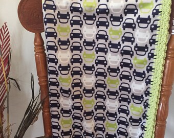 Cars of blue and lime minky fabric baby blankets with hand crocheted edging