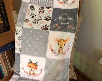 Gender neutral grays minky woodland creatures baby blanket
