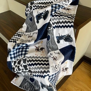 Till the cows come home in slate blue minky blanket