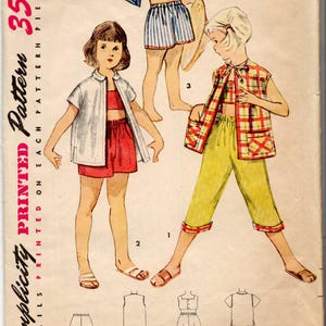 May include: Vintage Simplicity pattern 4690, size 4, featuring illustrations of children's clothing. The designs include a striped two-piece set, a red shorts set with a white jacket, and a plaid vest and yellow pants outfit. The text "SIMPLE TO MAKE" is visible.