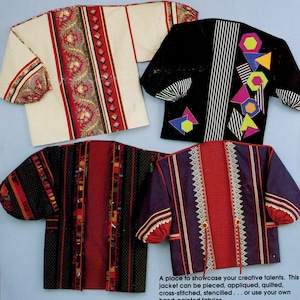 May include: Four Showcase Jackets with diverse patterns are displayed. One is cream with red and gold details, another is black with geometric shapes, and the others feature red and black patterns. The text reads "SHOWCASE JACKET".