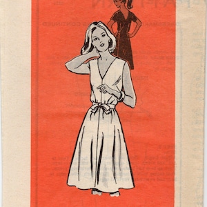 May include: Vintage printed sewing pattern featuring a line drawing of a woman in a white dress with a V-neck and a bow at the waist. The text "Printed Pattern" and "9324 - SIZE" are displayed on a red background.
