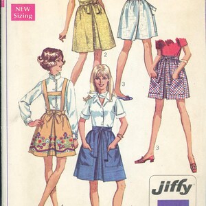 May include: Vintage Simplicity sewing pattern featuring illustrations of mini-length skirts and blouses. The pattern includes the text "One Size", "New Sizing", and "Jiffy". The price is 65¢, and 75¢ in Canada.