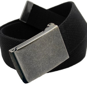 May include: A black canvas belt with a silver metal buckle. The buckle has a worn, distressed finish.