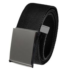 May include: A black canvas belt with a silver buckle. The belt is rolled up and the buckle is visible.