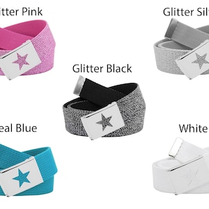 May include: Five different colored canvas belts with a silver star buckle. The belts are in the colors teal blue, glitter pink, glitter silver, glitter black, and white.