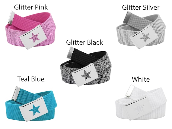 Girl's Star Silver Flip Top School Uniform Belt Buckle With Canvas Web Belt Large Glitter Teal