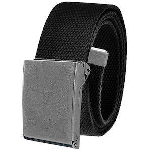 May include: A black canvas belt with a silver buckle. The belt is rolled up and the buckle is visible.