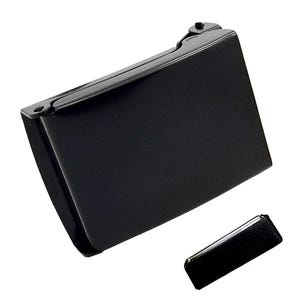 May include: A black metal belt buckle with a rectangular shape and a smaller, matching rectangular piece. The buckle has a matte finish and a hinged design for securing a belt. The smaller piece is likely a belt keeper.