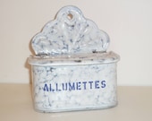 Vintage French enamelware Matches box Wall Hanging .White and Blue Marbled Graniteware enamel