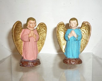 Antique French Angel for Nativity scene.  Set of two Angels Plaster Flock  Hand made 1900s 1920s