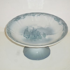 French Antique transferware footed Compote dish. Pedestal Fruit Bowl Cake Stand Ironstone  Blue Grey Fishing boat scene By St Amand Hamage