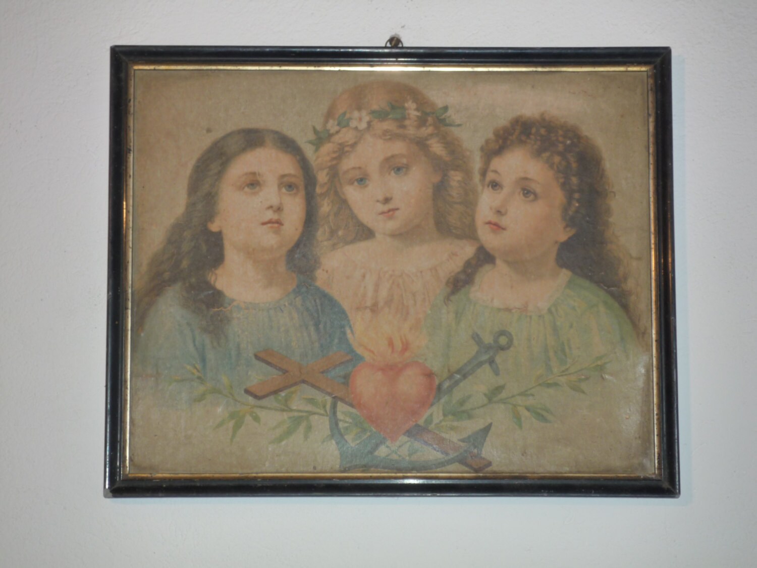 Antique French Chromolithograph Chromo Religious Frame/Young Girls Sacred Heart Crucifix Marine Anch