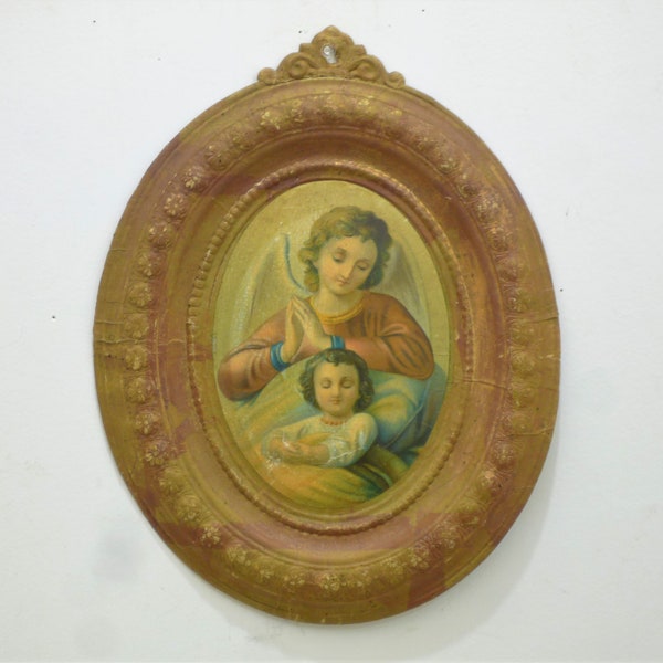 Cadre en carton embouti imprimé Jesus enfant protégé par un Ange Circa 1900 / 20 x 17 cm