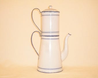 Antique French Enamel Coffee Pot – Blue and white enamelware Very Old 1800s Befor 1870 Kitchen Decor