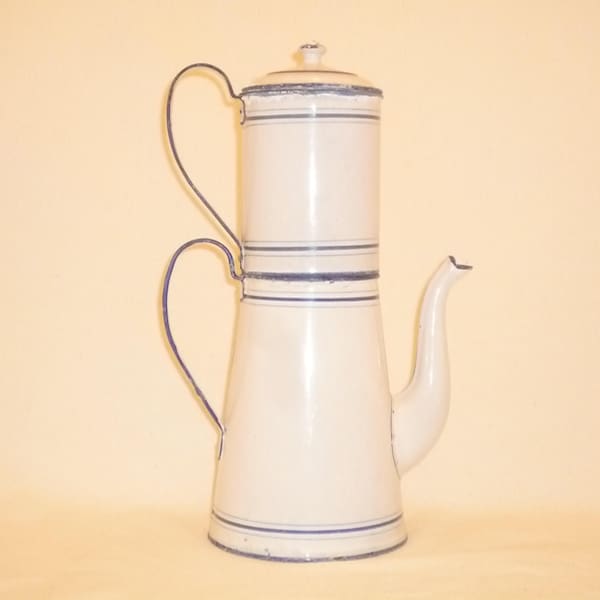 Très ancienne cafetière émaillée XIX eme avant 1870 rivetée Blanche et Bleu Antiquité