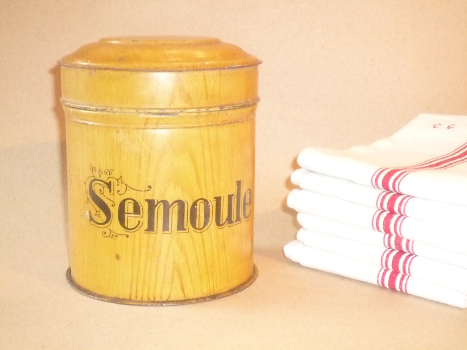 Vintage French Faux Bois Kitchen Tin/Painted in False Wood Canister Semoule = Semolina