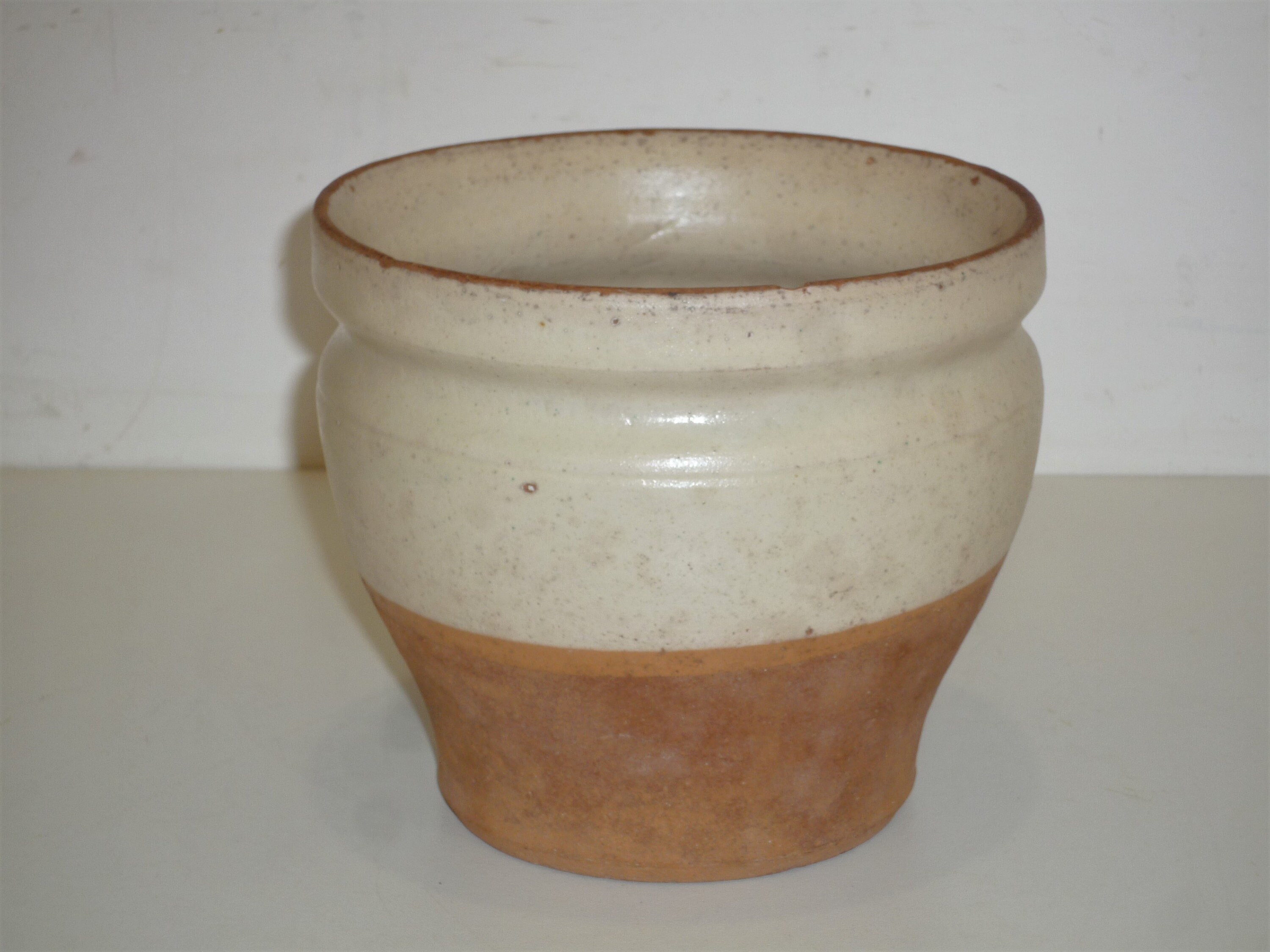 Antique French Small Confit Pot in Glazed Pottery/Provence Handmade White Ochre Color