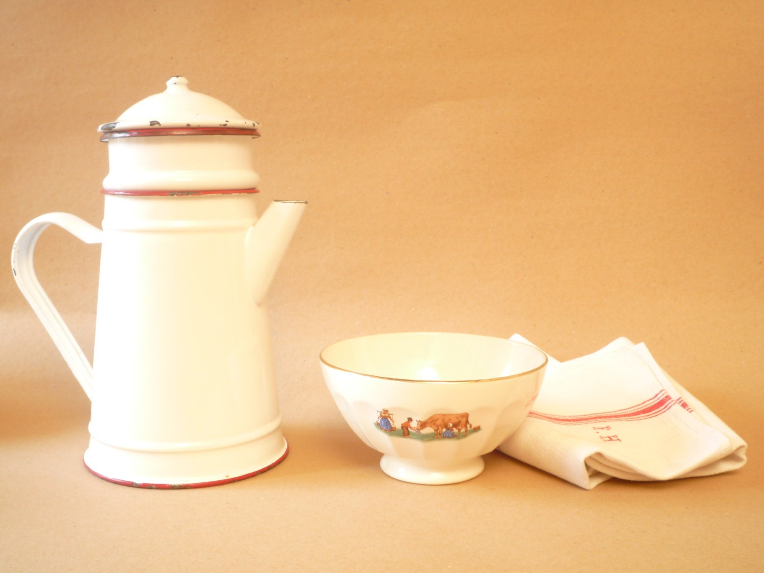 Vintage Enamel Coffee Pot - French Vintage Enamelware Café Au Lait/White & Red Enamel