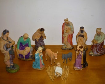 Antique Large French Complete Nativity Scene  11 old figurines by DEVINEAU   Tall size CIRCA 1900 with Baby Jesus in wax.