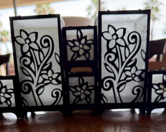 Decorative Metal Framed Floral Design and Frosted Glass Panel Candle Holders