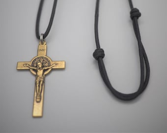 St. Benedict Bronze Crucifix Necklace - Adjustable Cord