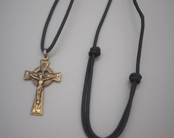 Celtic Bronze Crucifix Necklace - Adjustable Cord
