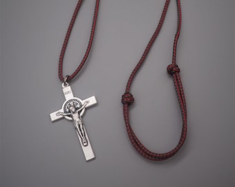 St. Benedict Silver Crucifix Necklace - Adjustable Cord